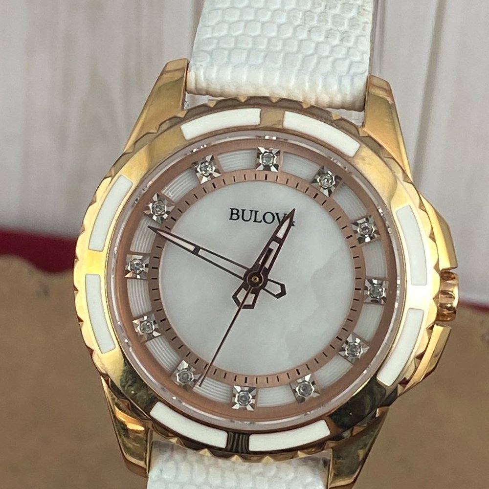 Bulova 2 Tone Rose Gold White Enamel Crystals White Leather Strap